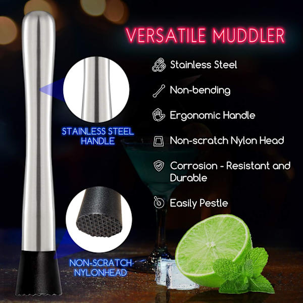 10 Tommer Cocktail Muddler og Blandeske i Rustfrit Stål - Hjemme B
