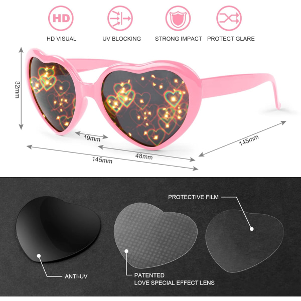 3 Stk 3D Special Effects Hjertebriller, 3D Hearts Light Diffracti