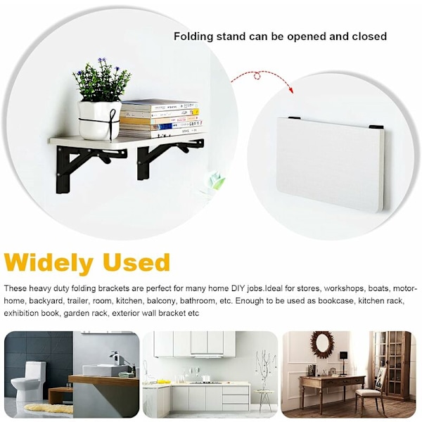2 stk. Sorte Vægfæstelige Foldbare Beslag, 450 x 170mm Foldbar Konsol