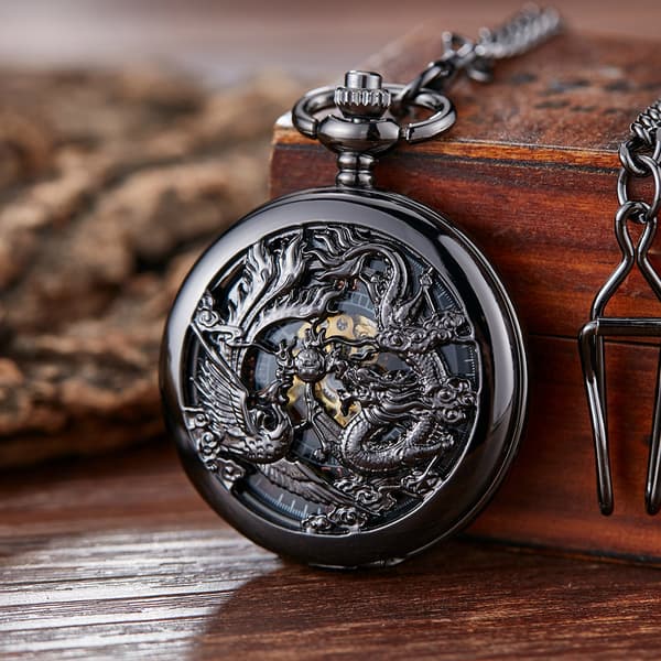 Antik Mekanisk Lommeur Lucky Dragon & Phoenix (Bedste Ønsker) Skeletskive med Kæde til Mænd Kvinder + Sort Æske