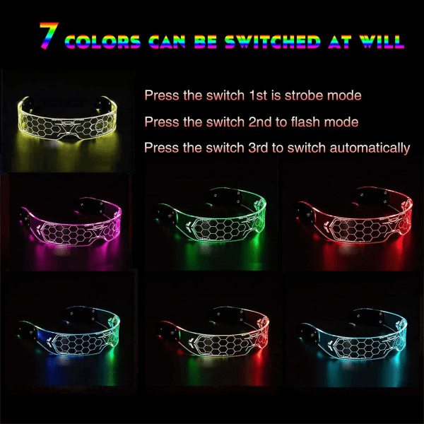 Cyberpunk LED-briller med lys, Futuristiske LED-visirbriller Elec