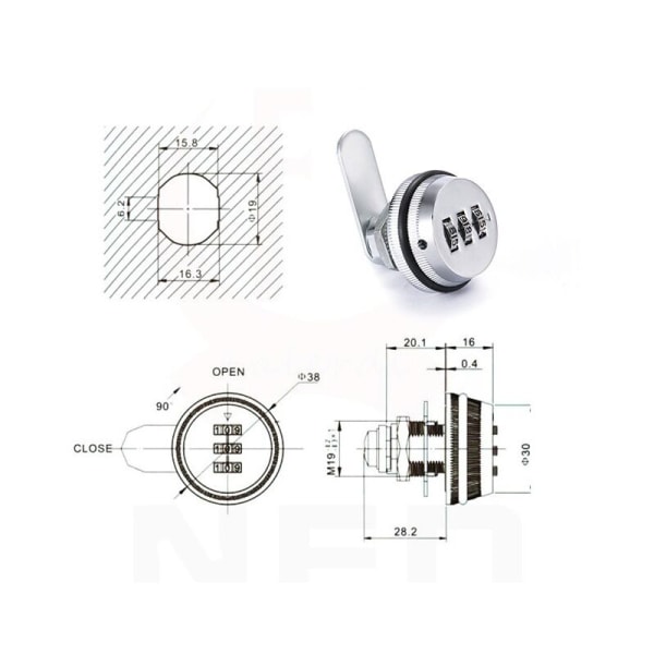 Postkasse Lås 20mm/30mm 3-cifret Kombination Postkasse Lås, Skab
