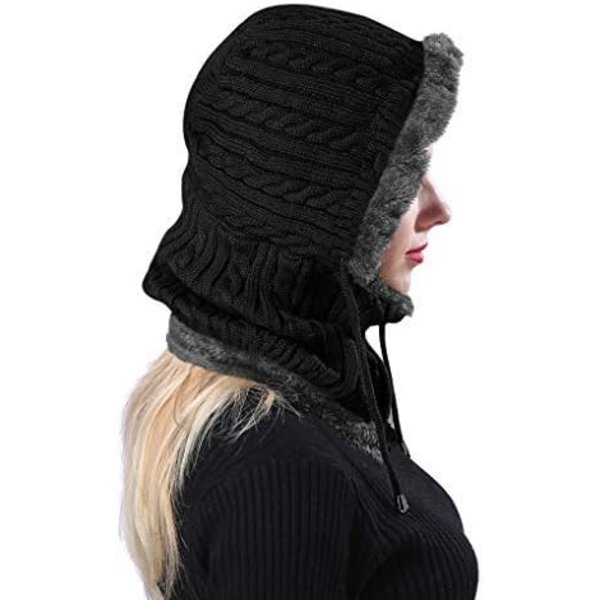 2 i 1 Strikket Fleece Hue - Sort Vinter Halsvarmer Ørevarmere Cyc