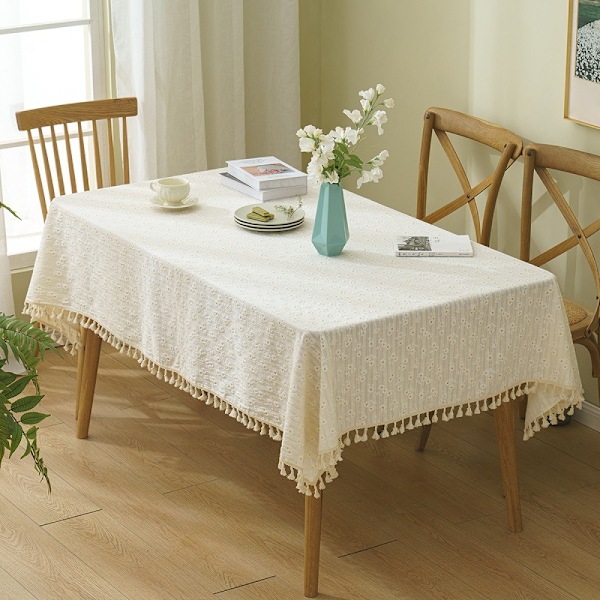 ##/Pastoral bomulls- och linneblommig bordsduk med fransar, 90*140cm##/
