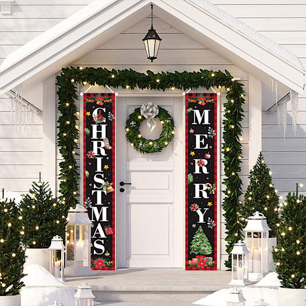 Udendørs julepynt banner - rød og sort plaid, jul