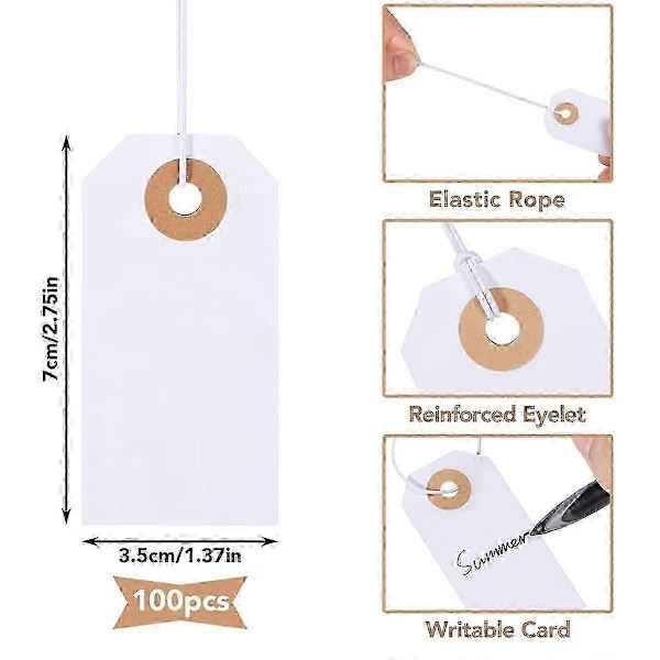 100-pakning blanke etiketter med elastisk snor, merkehengelapper festet, forsterket hull, skrivbare blanke etiketter 7 x 3,5 cm
