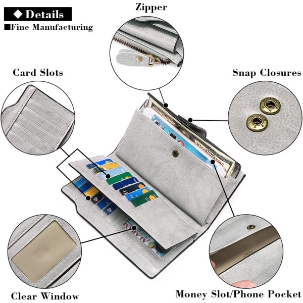 Vaaleanharmaa naisten nahkainen lompakko, suuri kapasiteetti, naisten kolikkopu