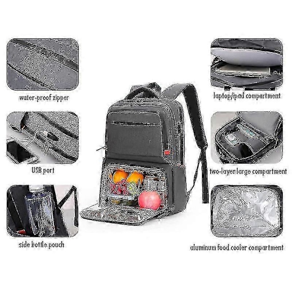 Lunchryggsäck för kvinnor, isolerad kylryggsäck med lunchfack, skolväska med USB-port, lämplig för 15,6-tums laptop