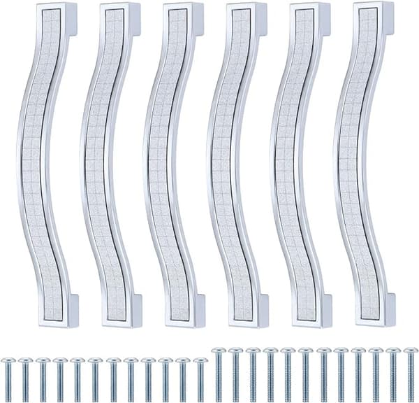 Sett med 6 skinnende krystallskapsknapper, hull avstand 128 mm, rh