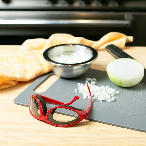 Kjøkkenløkskjærebriller (røde), duggfrie linser, safe og t