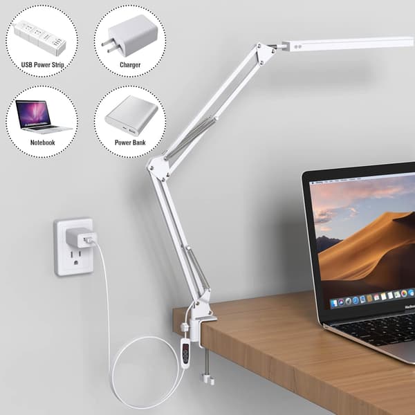 Hvit LED skrivebordslampe - Kraftig LED skrivebordslampe med klips - Øyevennlig