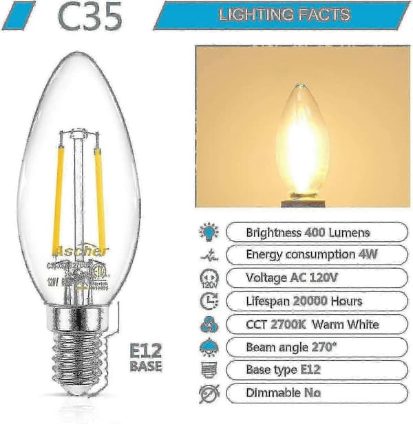 Klassisk E12 LED-ljuskrona Lampa Motsvarande 40W Varmvit 2700k Filament Klar Glas Ej dimbar 10-pack