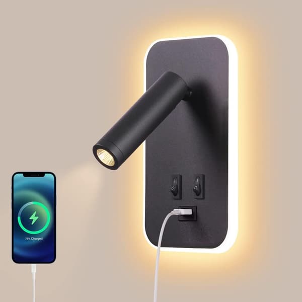 LED Vægskinne, Sengeborde Læselys med Afbryder, USB Opladning P
