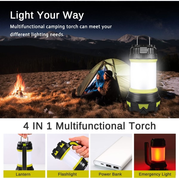 Grön uppladdningsbar campinglykta, multifunktionell campinglampa