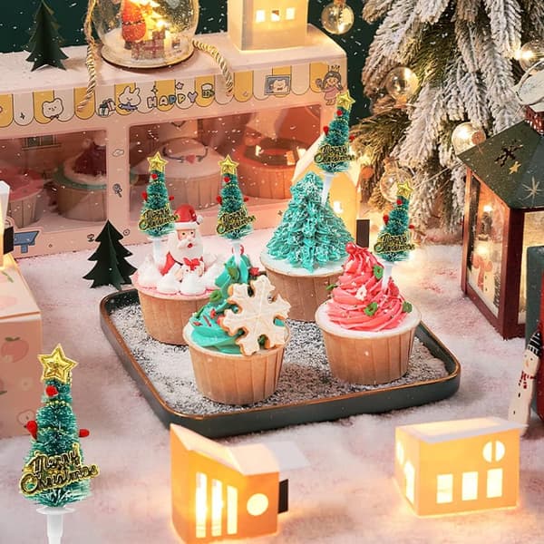##/12 stycken cederträ-cupcake-dekorationer för jul, julhattar för tårta##/