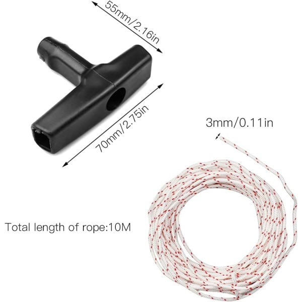 Tilbaketrekksstartertau 10 Meter 3mm Trekktau med 3 Starterhåndtak