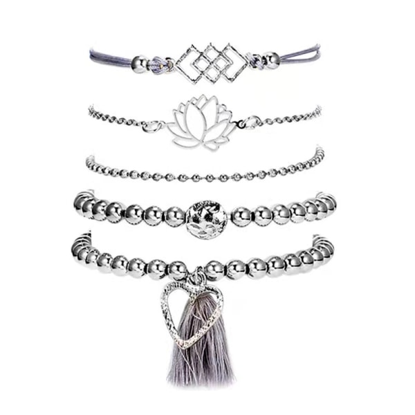 Layered Hand Chain Beads Armband med Silver Tofsar Handgjorda H