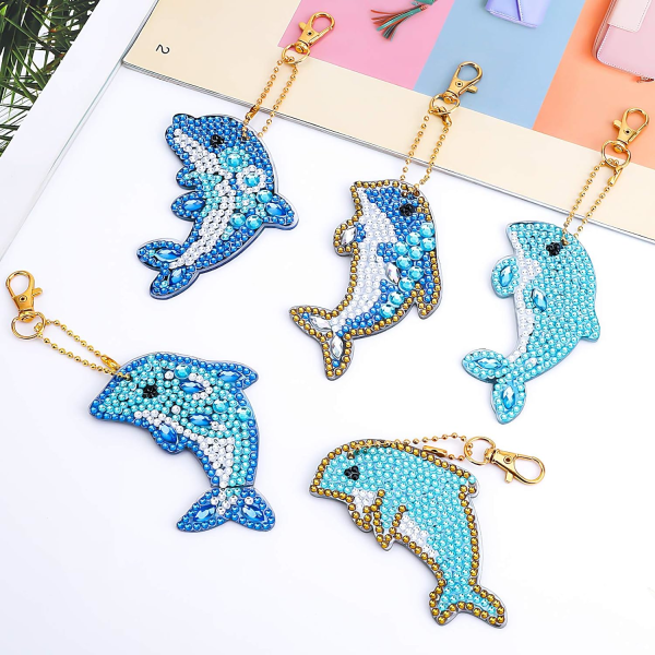 5 deler 5D DIY Dolphin Diamond Painting nøkkelringer, Rhinestone D