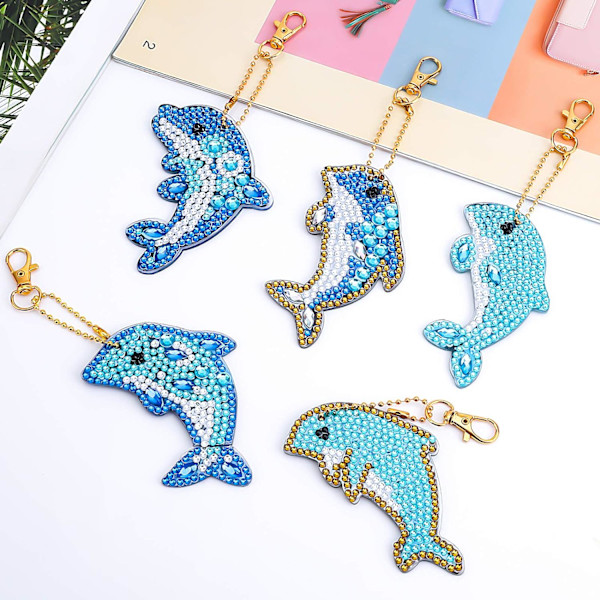 5 stycken 5D DIY Delfin Diamantmålning Nyckelringar, Rhinestone D