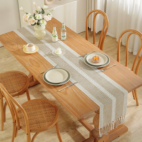 ##/Bordløber i bomuld og linned med frynser, frynser, 33*200cm##/