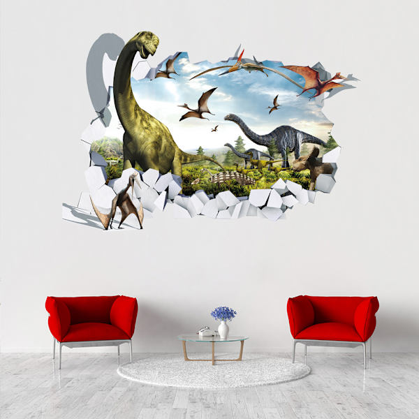 3D veggdekorasjon med ødelagt vegg, dinosaur, stue, soverom, barnerom