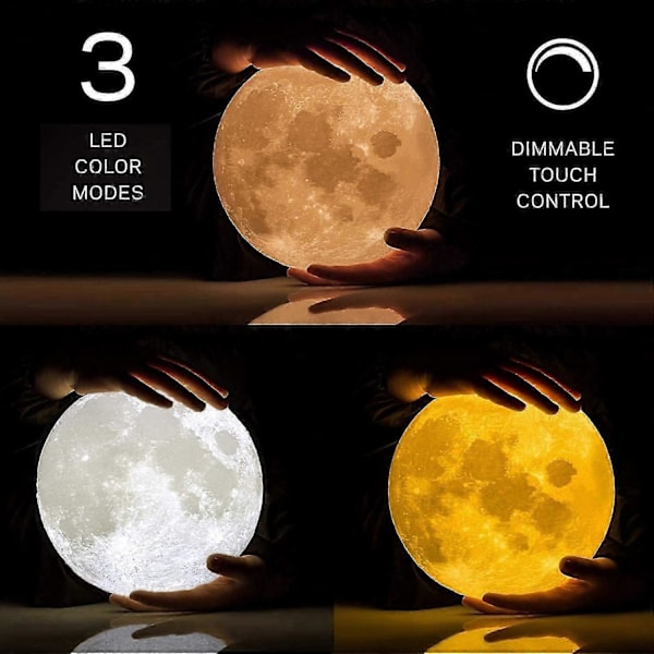 3D Månelampe, 3 Fargede LED Nattelys, 15cm Diameter, USB Ladbar Måne Nattelys for Soverom