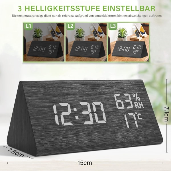 Trä Digital Väckarklocka, Trä Väckarklocka med 3 Alarm Inställningar