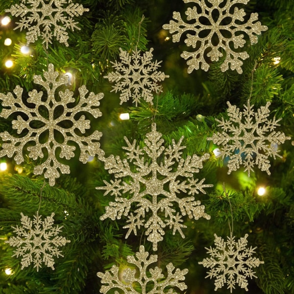 36 Pieces Christmas Gold Snowflake Ornaments Plastic Glitter Snow