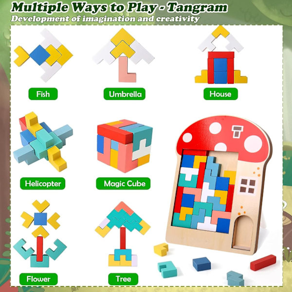 Træ Tetris Puslespil til Børn (Svampe), 3D Puslespil Montessori Legetøj