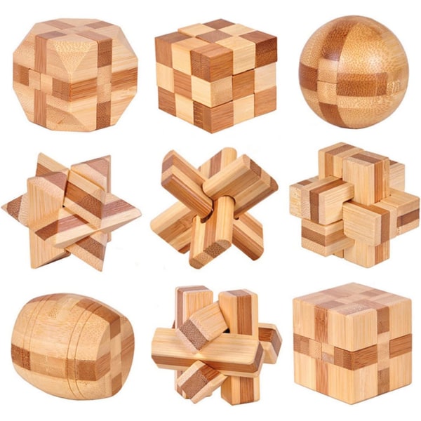 9 Pieces Wooden Brain Teaser, Brain Teaser Games, 3D IQ Puzzle Mi