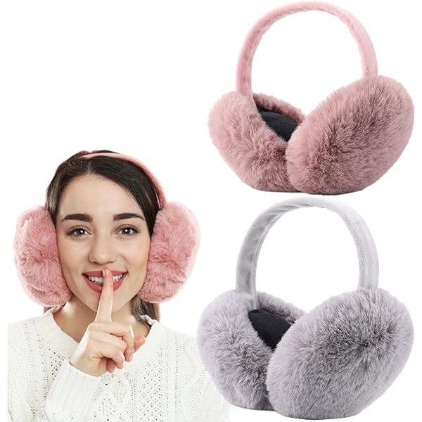 2pcs Thermal Earmuffs for Women, Gray+Pink, Winter Earmuffs for W