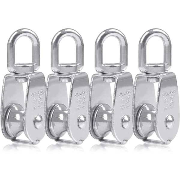 4 st 25 mm Enstycksblock 304 Rostfritt Stål Silver, Enkel Pul