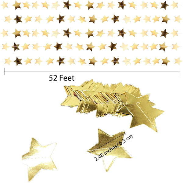 52 fot reflekterende stjernepapir-girlander, glitrende stjernebanner
