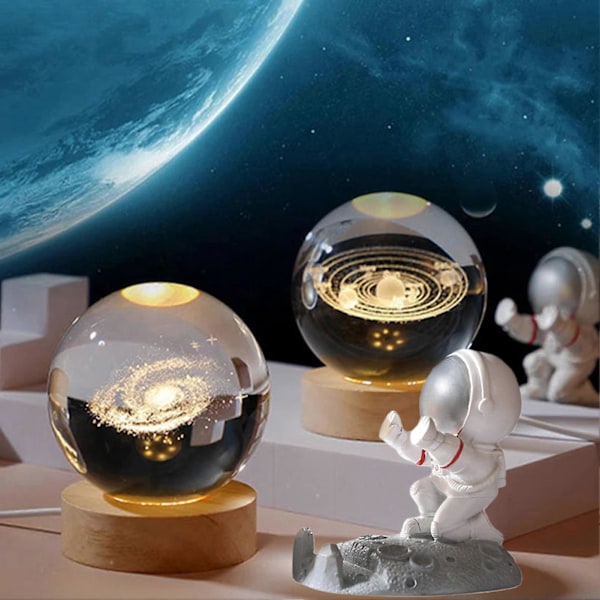 Stellar Sphere Lampe med Faux Krystal og LED Base, Klar Kugle med 3D Udskæring, Natlampe til Hjemmeindretning Elk