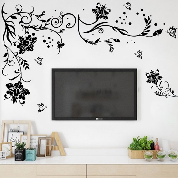 1 Set Väggdekaler Fjärilar Rankor Blomma Svart PVC Design Wa