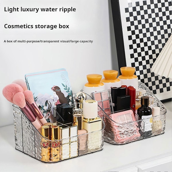 Klar Makeup Opbevaringsboks Kosmetik Organizer med Vandbølge Tekstur Åbent Design Nem Adgang Opdelt Opbevaringsboks til Hjemmekontor Soveværelse Kollegium 3Grids
