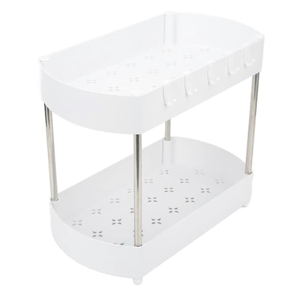 Under Vask Organizer 2-lags Hul ABS Baderomsskap Organizer Stativ med Rustfritt Stål Brakett og 5 Kroker Hvit