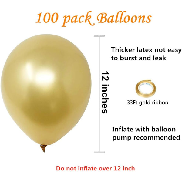 Guld Metallic Krom Latexballonger, 100-pack 12 tum Runda Helium