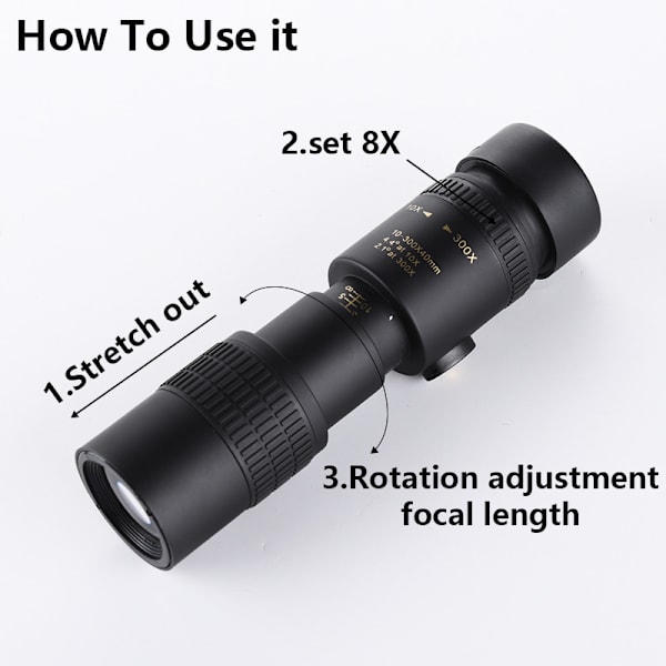 ##/10-300x40mm Zoom Monokular Teleskop med Optisk HD-Prisme for Voksne til Fugletitting, Vandring, Camping##/