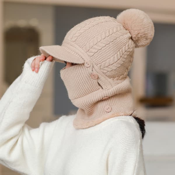 Fleecehatt med hette - Beige strikket nakkebeskyttelse Tykk lue med avtakbar