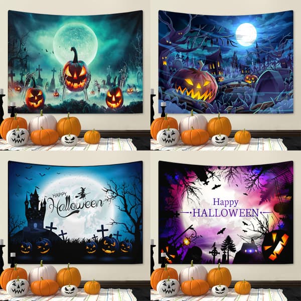 Gobeliner Halloween Oransje Gresskar Fullmåne Forhekset Slott Skisse