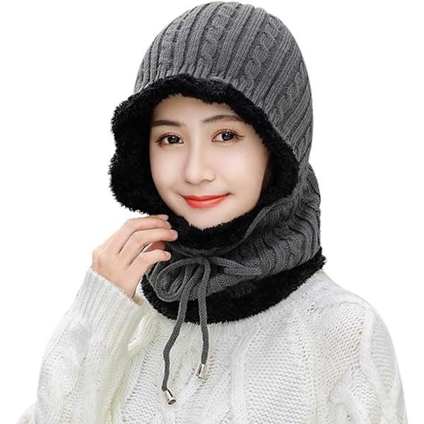##/2 i 1 Varmt Fleece Strikket Hat - Grå Halsvarmer Ørevarmer Cyklist##/