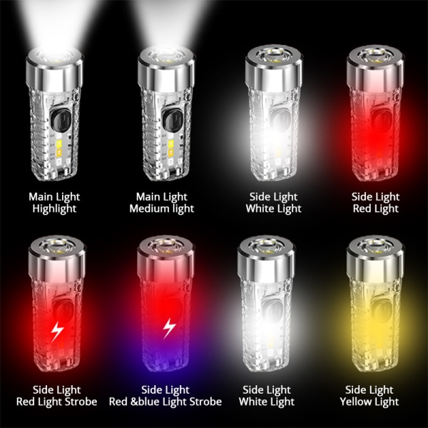 Liten Mini Kraftfull Nyckelring LED Ficklampa Typ-C Multifunktionell