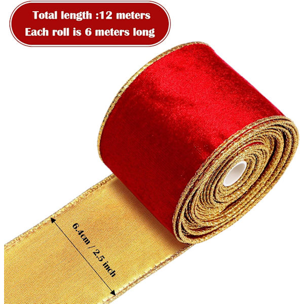 2 ruller fløjlsjulebånd (grøn, rød, 6,4 cm x 6 yards)