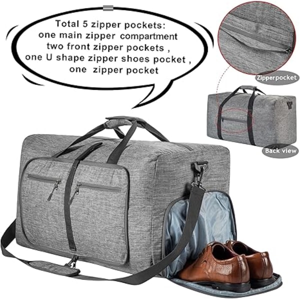 ##/Rejsetaske til mænd 65L Foldbar Rejsetaske med Sko-rum Overnight Taske til Mænd Kvinder Vandafvisende & Rivfast (Grå)##/