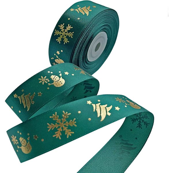 /#/(Grön) 22 meter satinband med gyllene snöflingor i C/#/