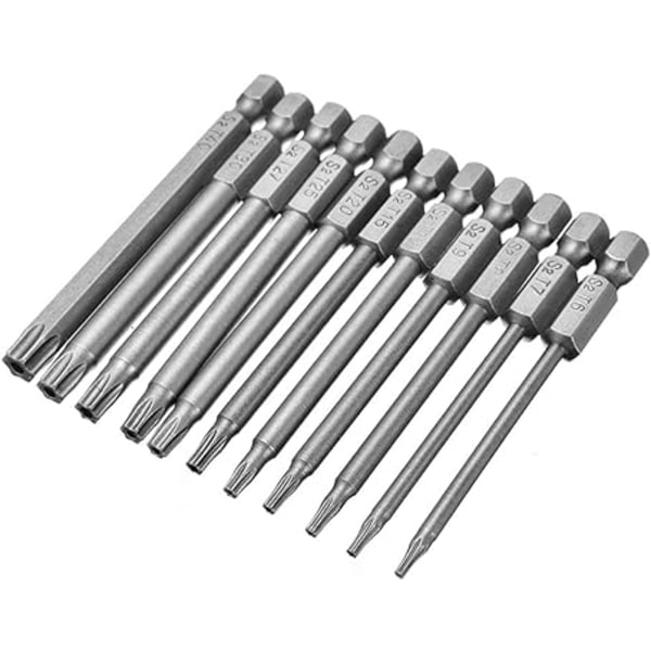 11-delt sett med Torx-skrutrekkerbiter, 1/4 tommers sekskant skaft T6-T40 M