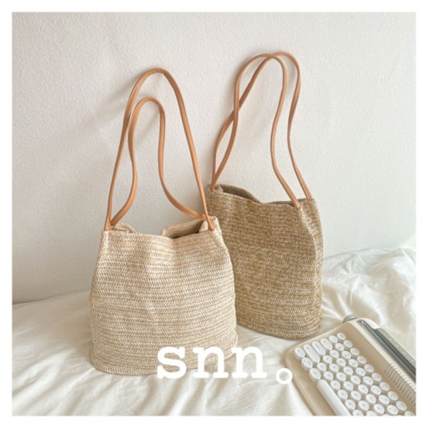 ##/Stort stråvevd håndveske i khaki for kvinner - Strandveske, skulderveske, tote##/