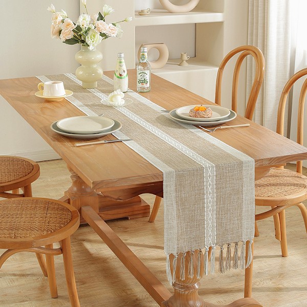 ##/Bordløber i bomuld og linned med frynser, frynser, 33*200cm##/