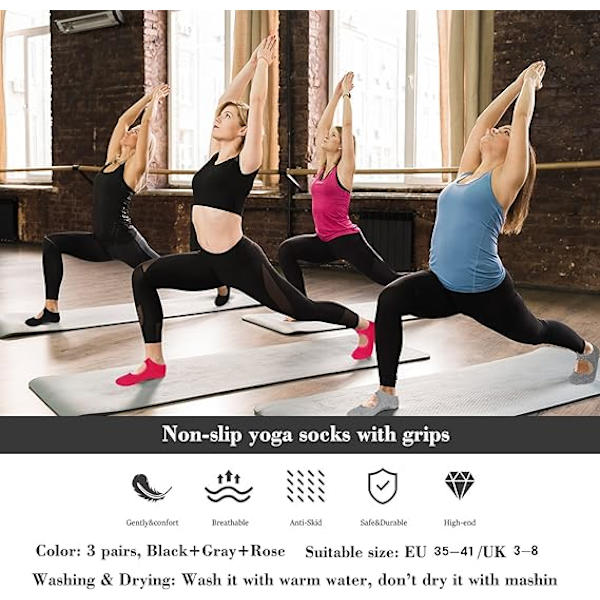 3 Par Kvinders Antislip Yogasokker, Kvinders Pilates Sokker, Ikke-